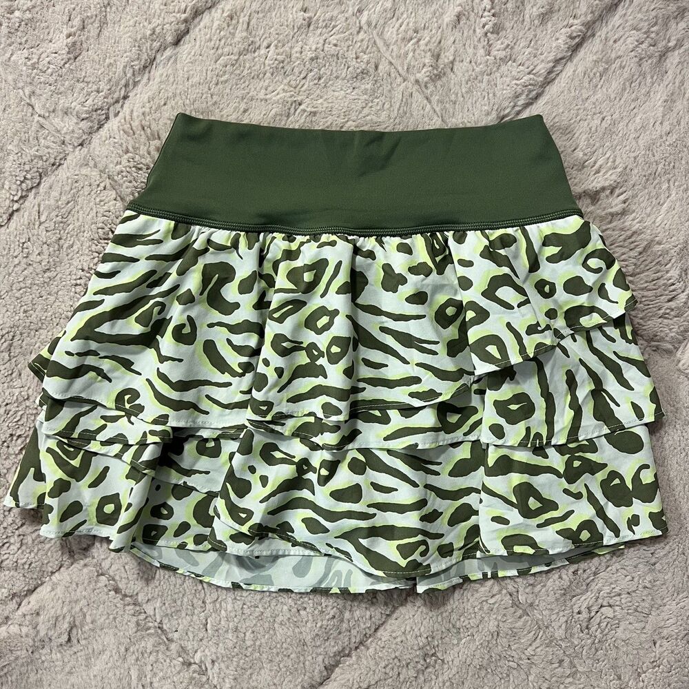 Aerie Maggie Ruffle Tennis Skort Women S Green Animal Print Pickleball Golfing